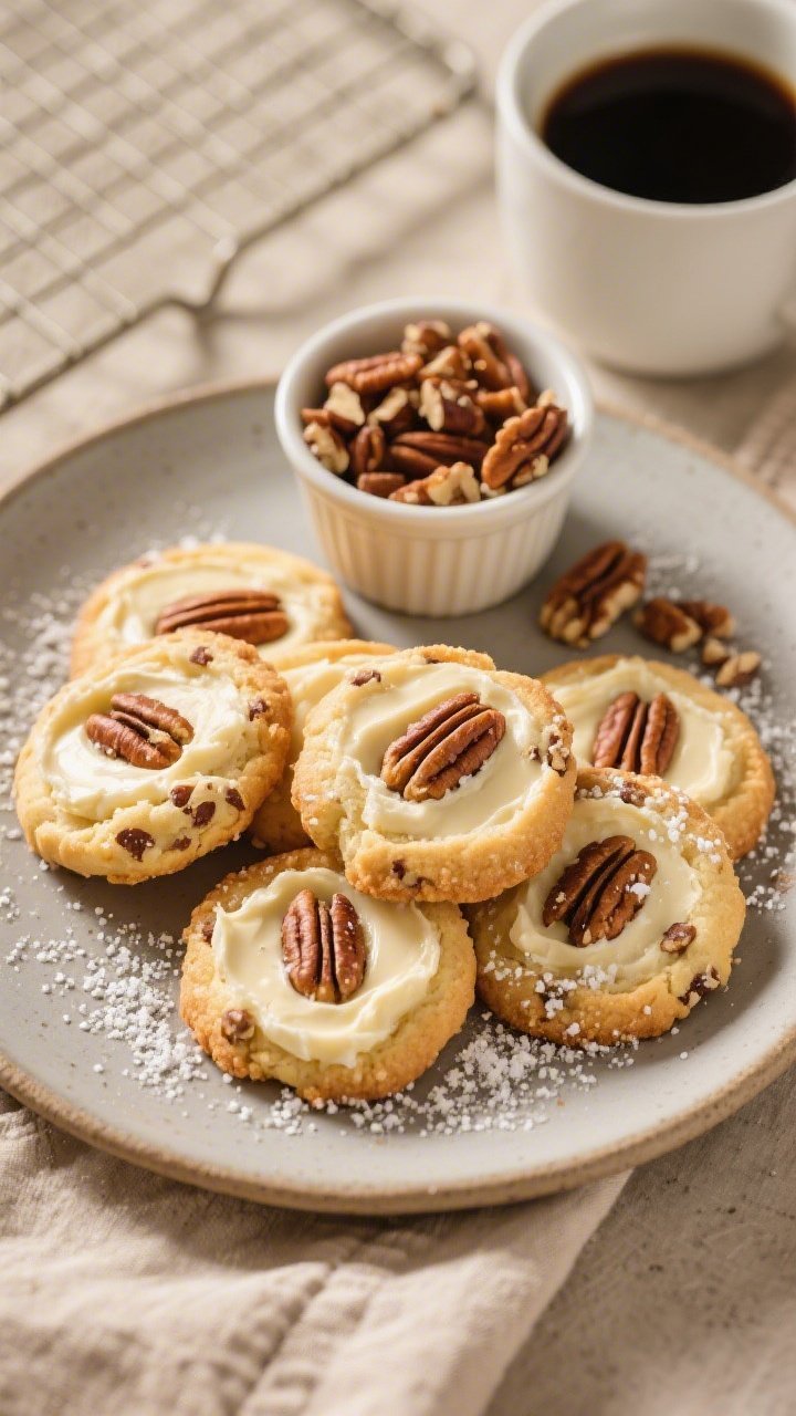 Final plated overhead: A top-down shot of freshly baked keto cream cheese pecan cookies arranged on 