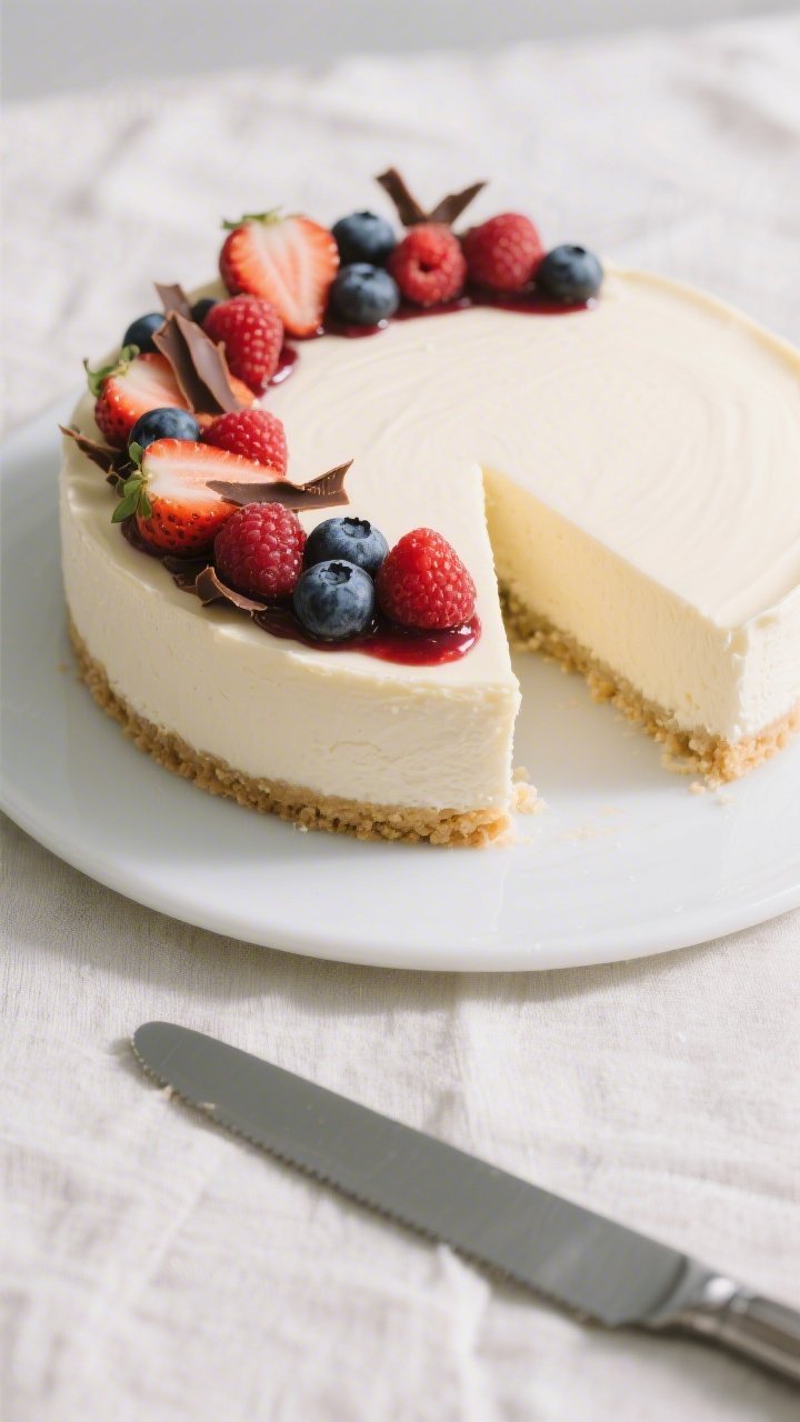 Final plated, overhead hero shot: Fully set no-bake vanilla cheesecake with clean, tall sides and a 