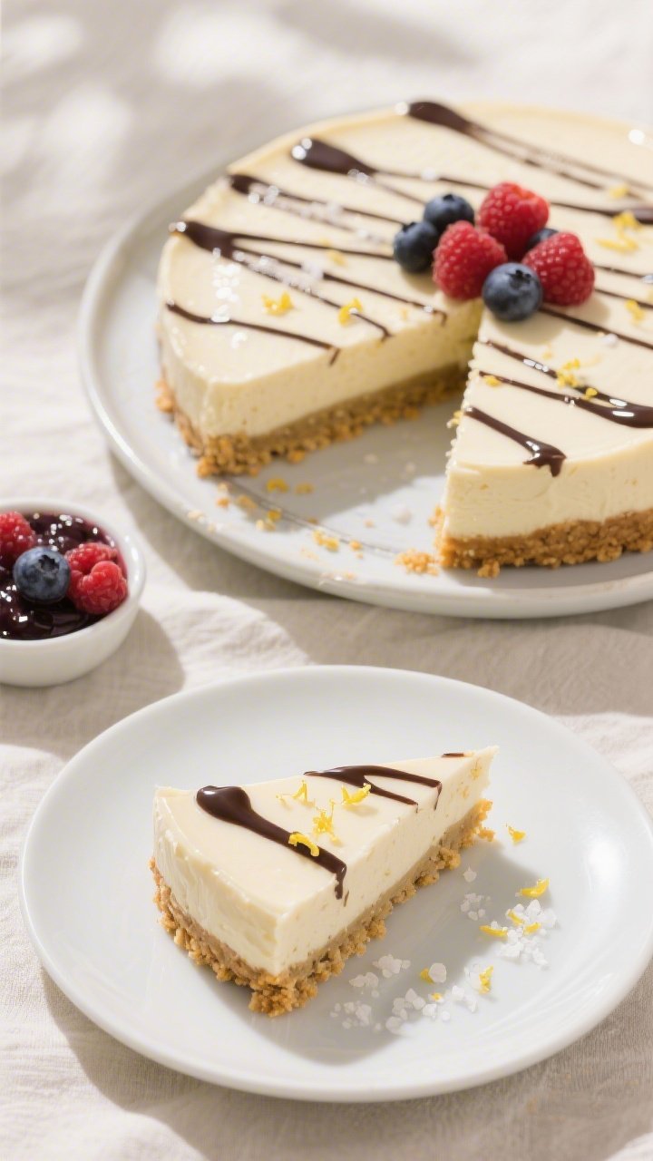 Final plated/overhead hero shot: Fully set no-bake protein cheesecake released from the springform, 