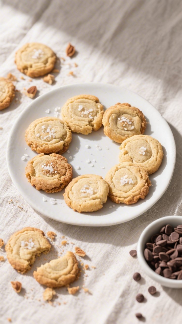 Final plated overhead: Keto almond flour cookies baked to a light golden edge with soft centers, arr