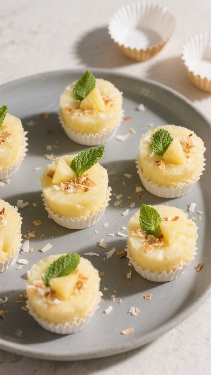 Final plated/overhead shot: Fully set 100-Calorie Pineapple Coconut Cups, unmolded and arranged on a