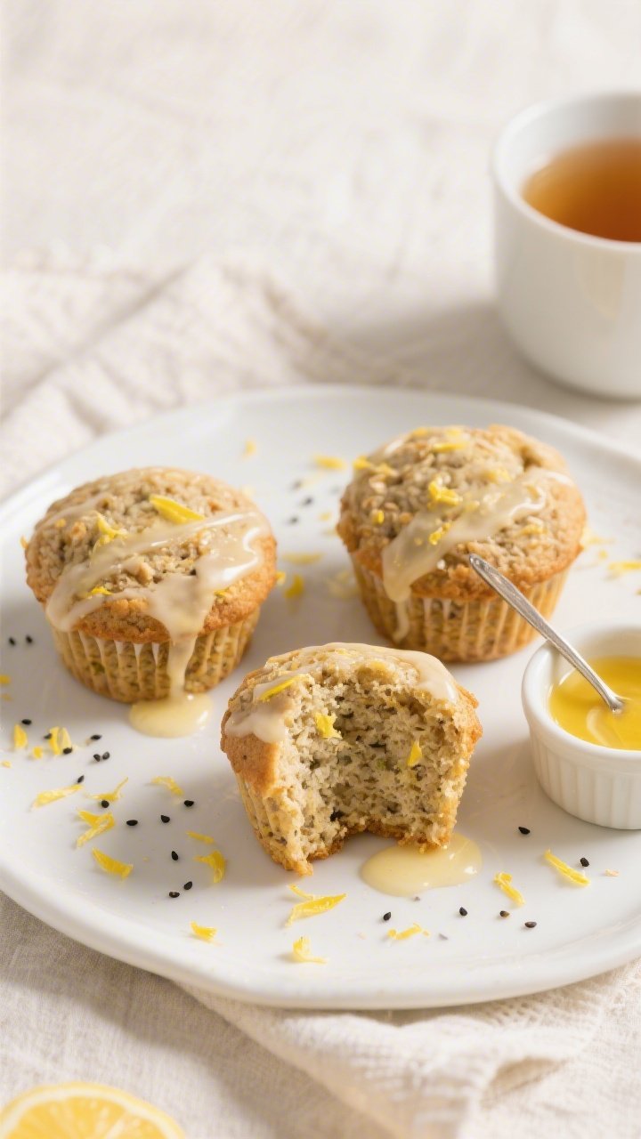 Final plated overhead: Tasty top-down shot of three healthy lemon muffins on a white ceramic plate, 