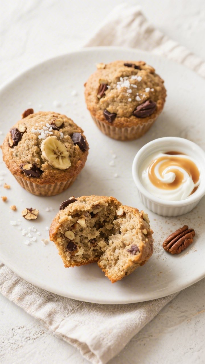 Final plated overhead: Tasty top-down shot of three healthy banana bread muffins on a matte white pl
