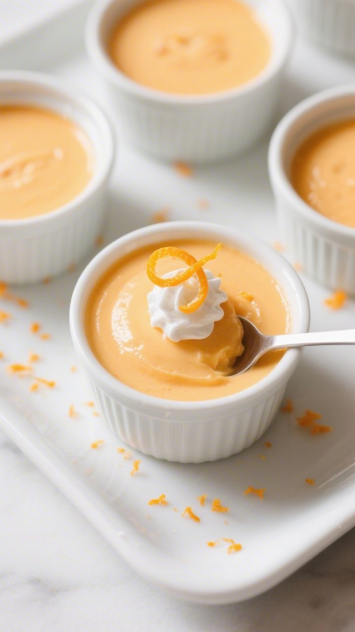 Final plated, tasty top view: Overhead shot of individual 1/2-cup ramekins filled with perfectly set