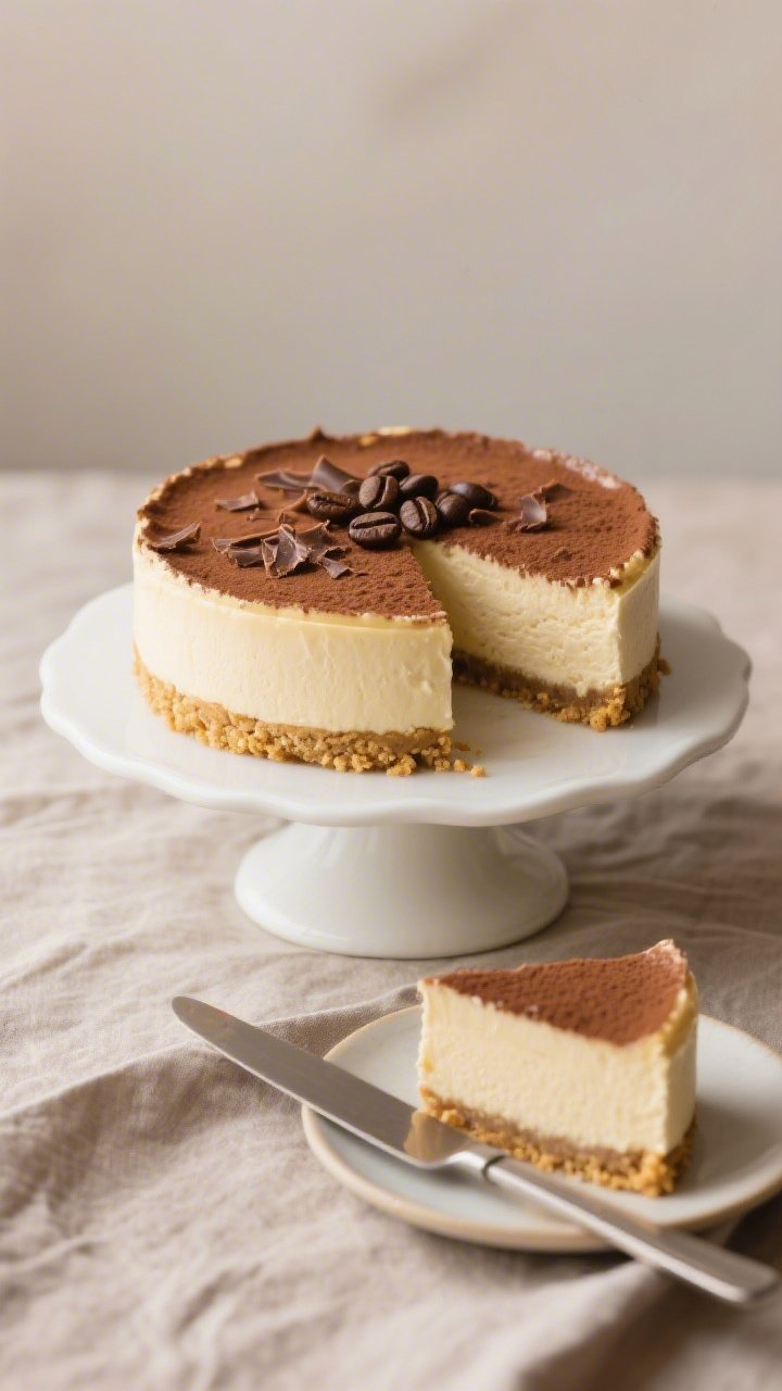 Final presentation overhead: Fully set no-bake vanilla latte cheesecake on a white ceramic cake stan