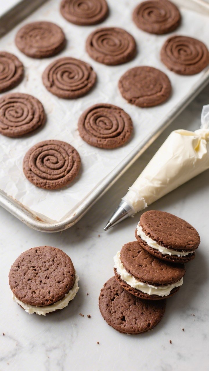 Overhead cooking process shot: Rolled, baked chocolate cookie rounds cooling on a parchment-lined sh