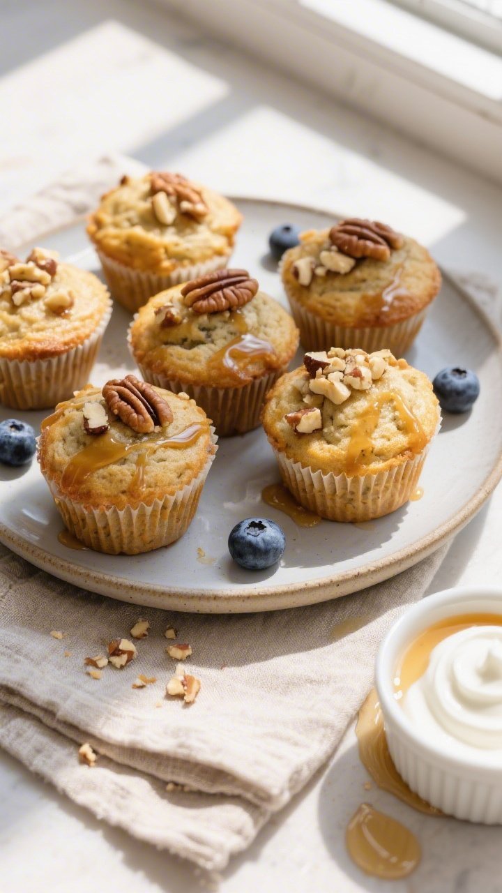 Overhead final presentation: a brunch-ready spread of banana protein muffins on a matte ceramic plat