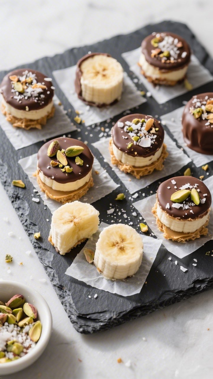 Overhead final presentation: A chilled plate or small slate board with a tidy grid of finished froze