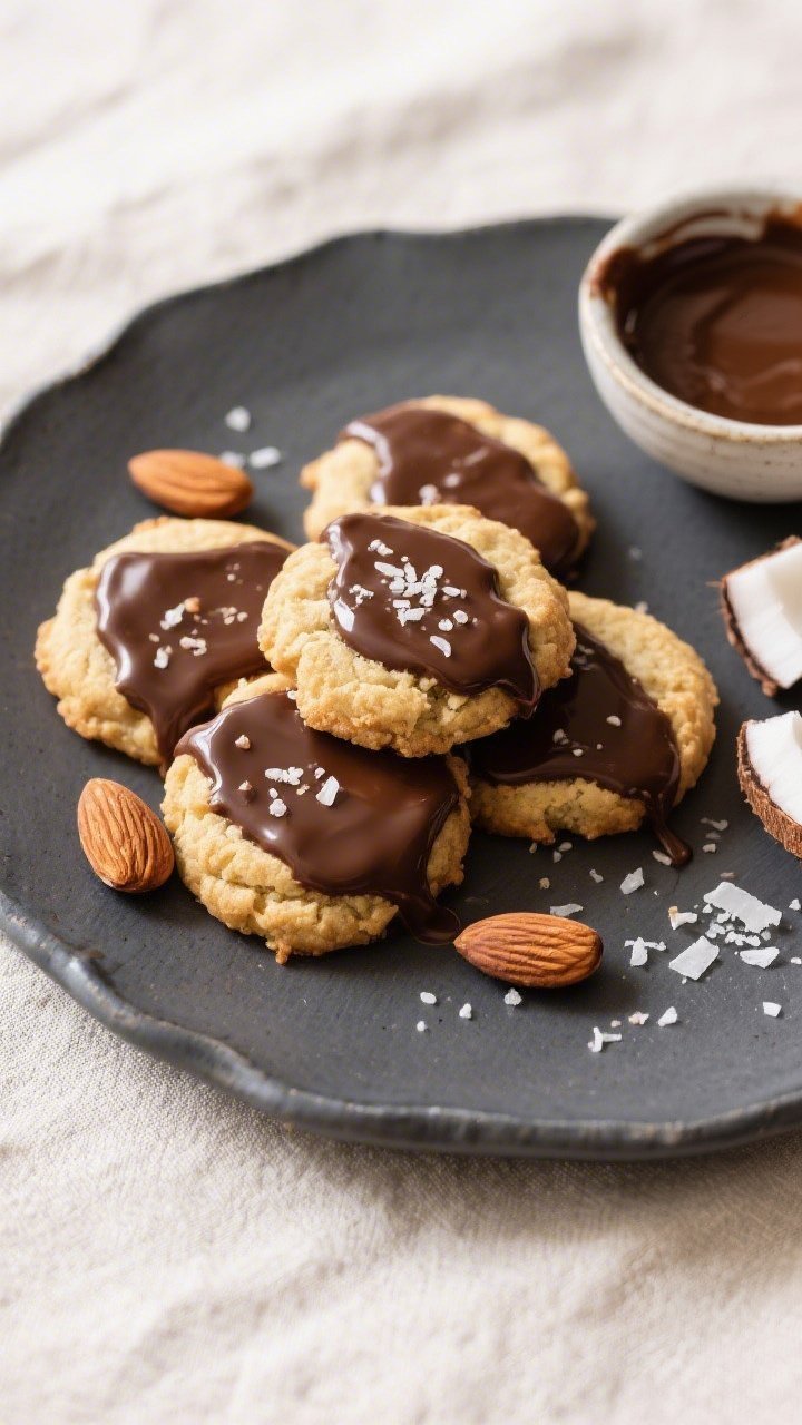 Overhead final presentation: A neatly arranged plate of keto Almond Joy cookies with a glossy sugar-