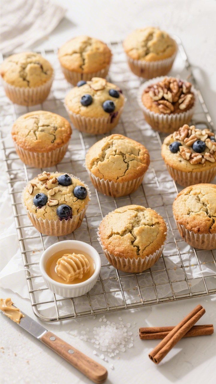 Overhead final presentation: a of a cooling rack filled with assorted healthy banana muffins—some