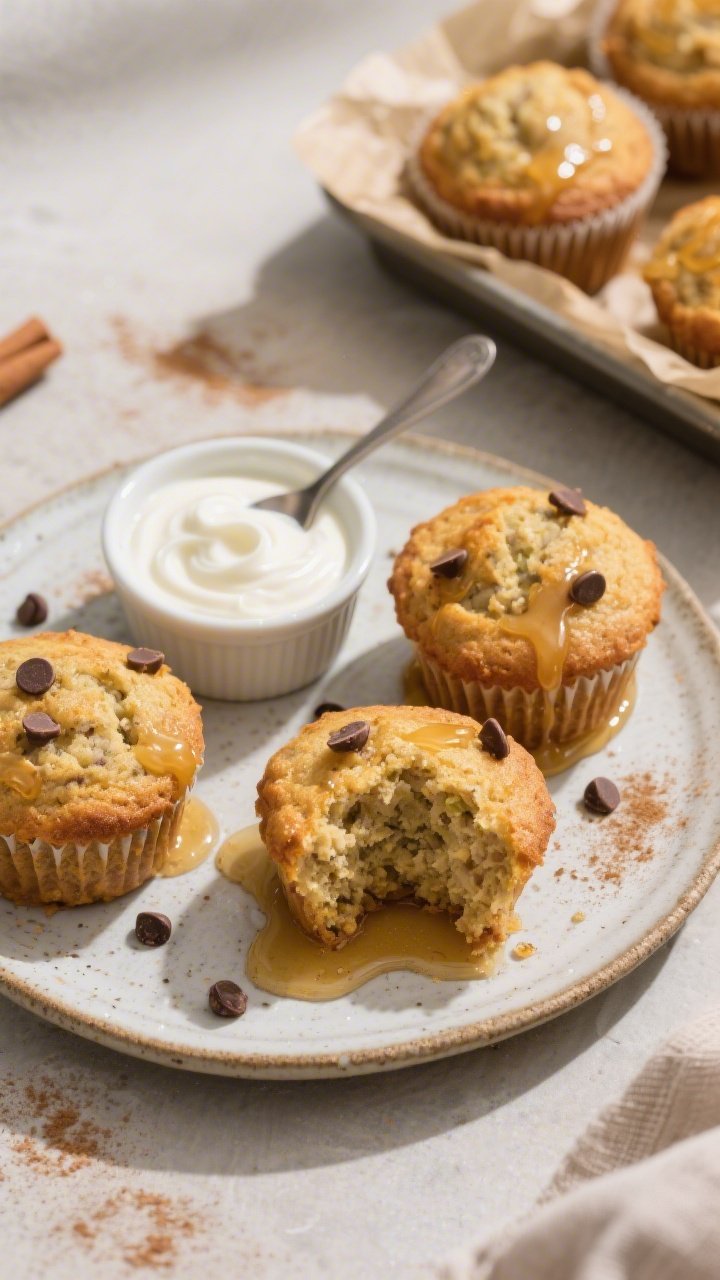 Overhead final presentation: a rustic ceramic plate with three healthy banana muffins (no liners) ar