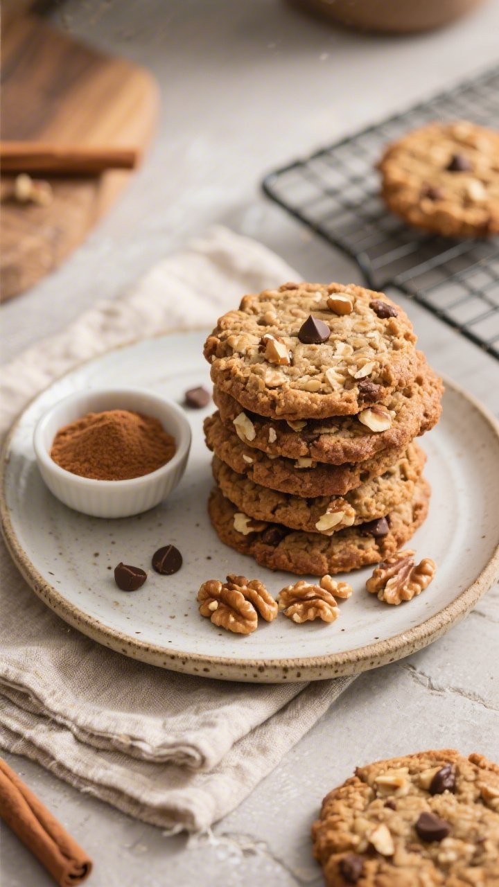 Overhead final presentation: A rustic plate stacked with keto oatmeal cookies, evenly browned edges 