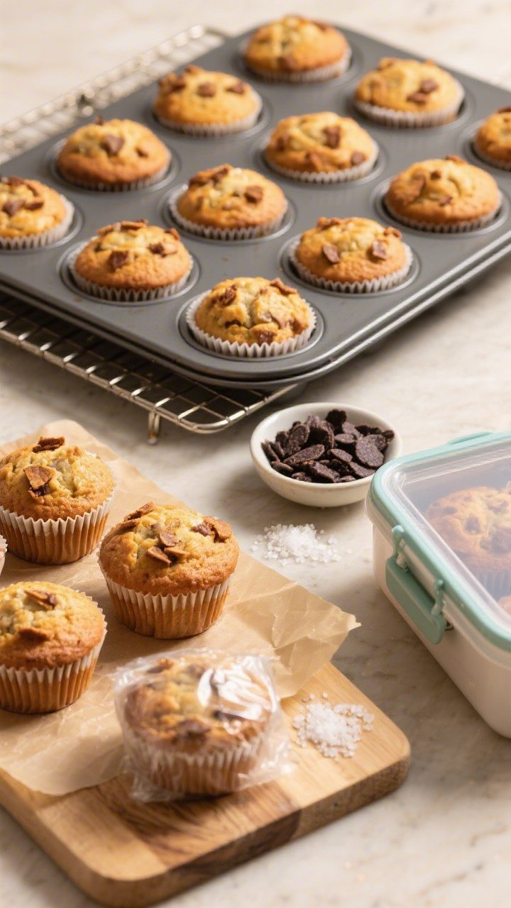 Overhead final presentation and storage scene: a 12-cup muffin tin on a cooling rack with uniformly 