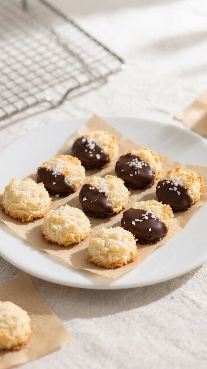 Overhead final presentation of 100-calorie coconut macaroons neatly arranged on a simple white plate