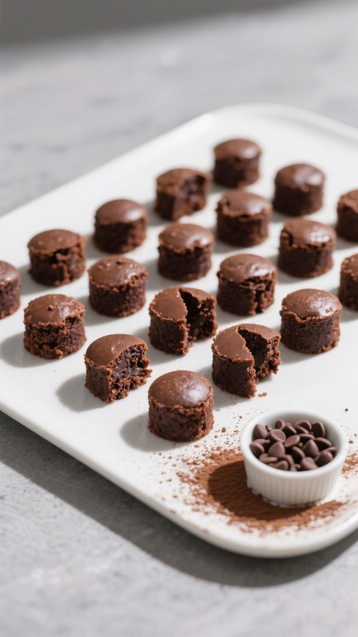 Overhead final presentation of 100-calorie mini brownie bites arranged in a tight grid on a matte wh
