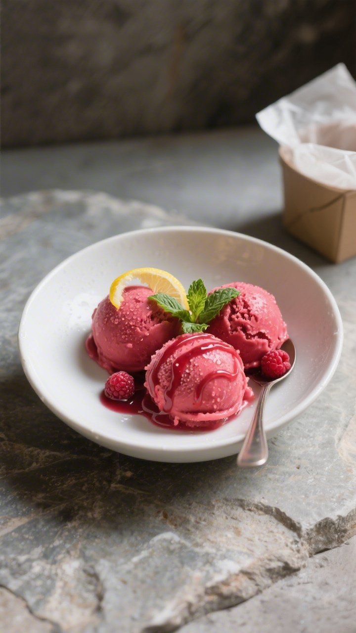Overhead final presentation of 100-calorie raspberry sorbet: three perfectly rounded scoops in a mat