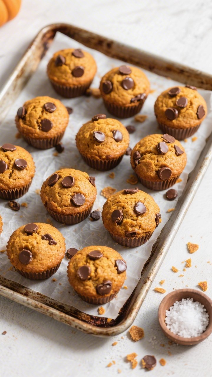 Overhead final presentation of 12 bakery-style domed pumpkin chocolate chip muffins arranged in a pa