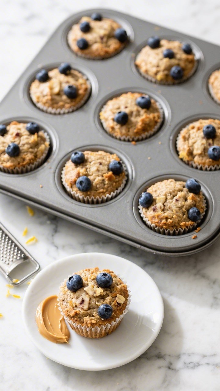 Overhead final presentation of 12 healthy blueberry banana muffins in a lined muffin tin, evenly fil
