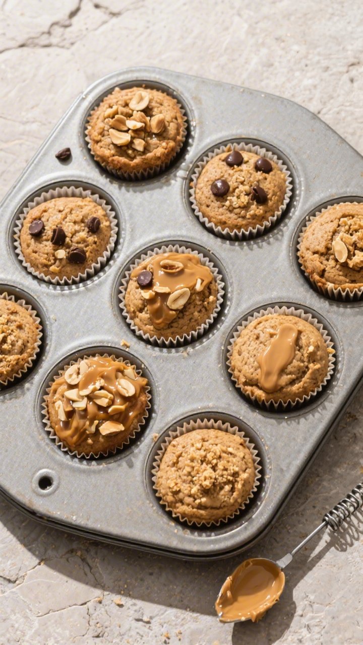 Overhead final presentation of 9 peanut butter muffins in a lined muffin tin, each cup filled about 