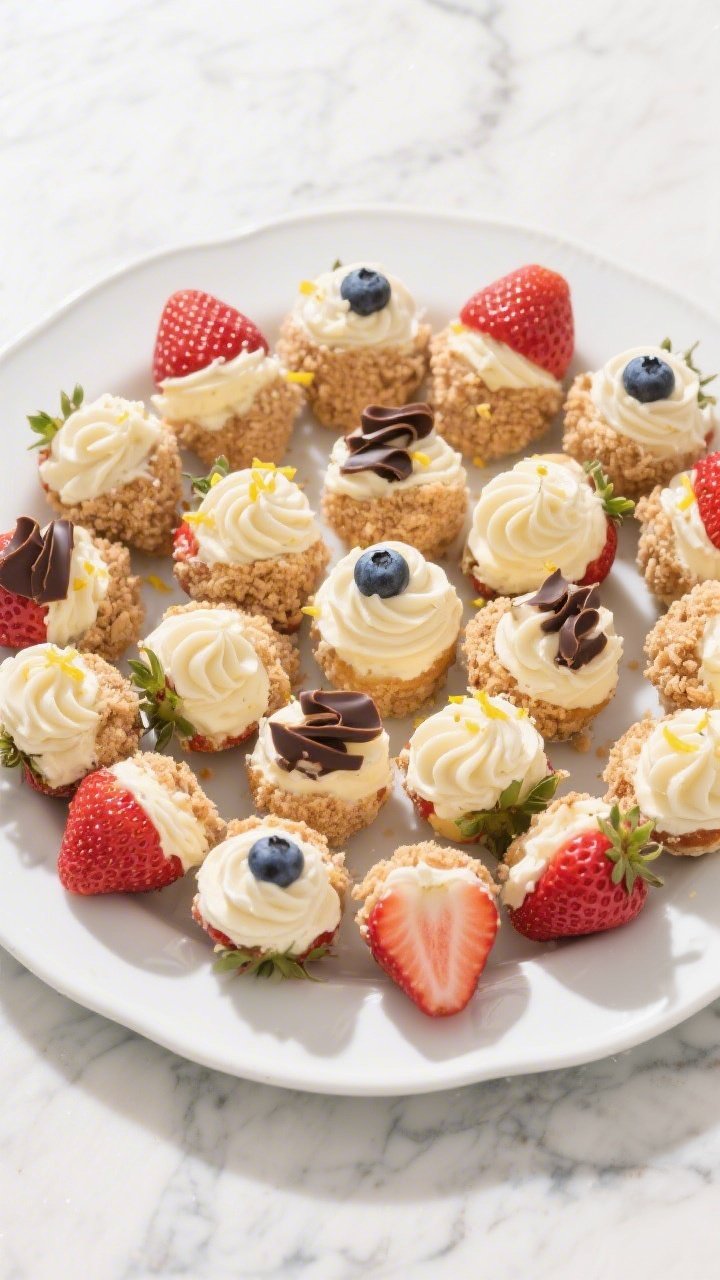 Overhead final presentation of a party platter of cheesecake-stuffed strawberries arranged in tight 