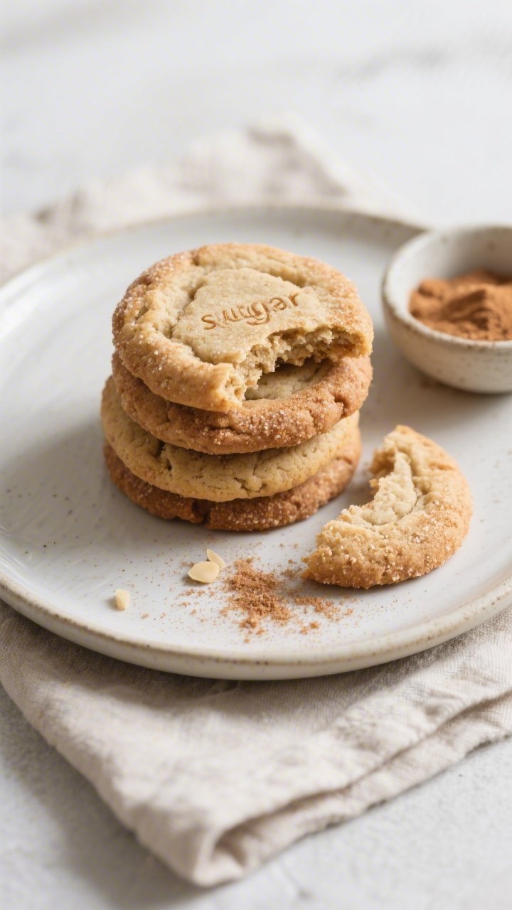 Overhead final presentation of a small plate of keto snickerdoodle cookies arranged in a neat stack 