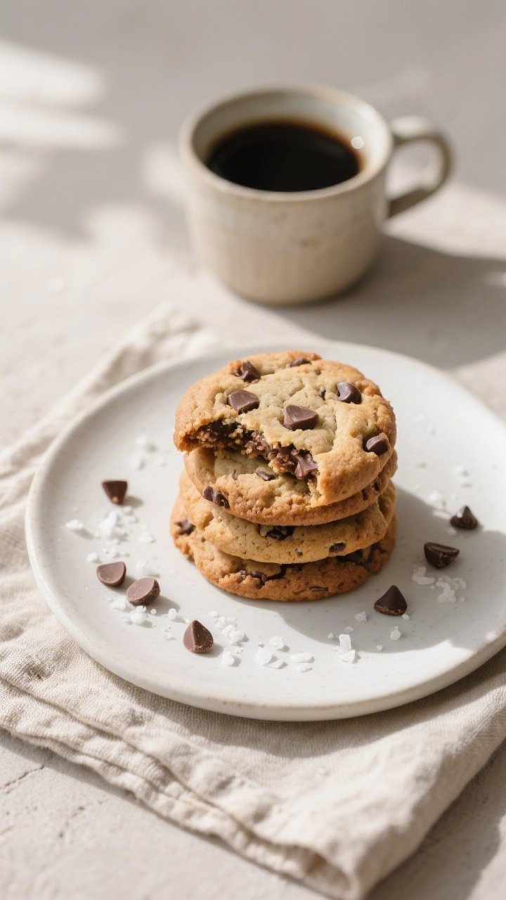 Overhead final presentation of a small stack of keto chocolate chip cookies on a matte white plate w
