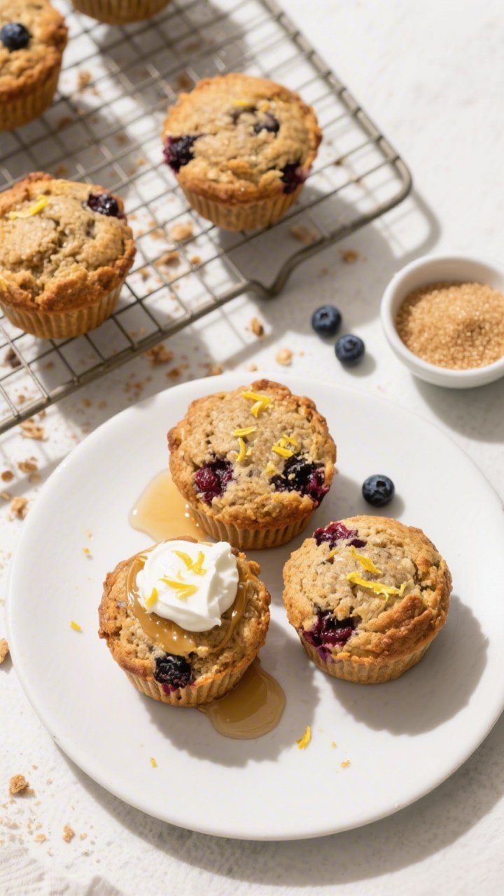 Overhead final presentation of healthy berry muffins cooled on a wire rack and partially plated: thr