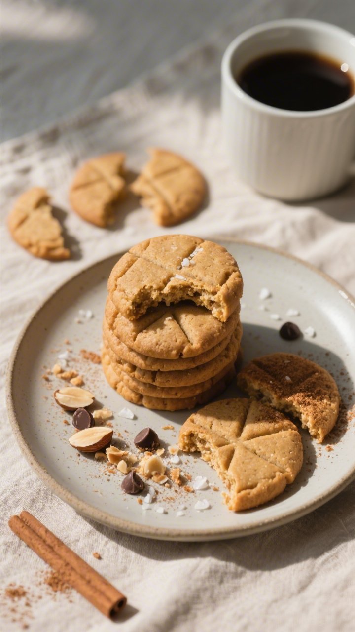 Overhead final presentation of keto almond butter cookies arranged on a matte ceramic plate, neatly 