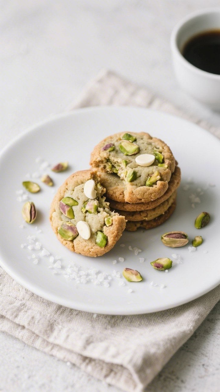 Overhead final presentation of keto pistachio cookies on a matte white plate over a linen napkin, ar