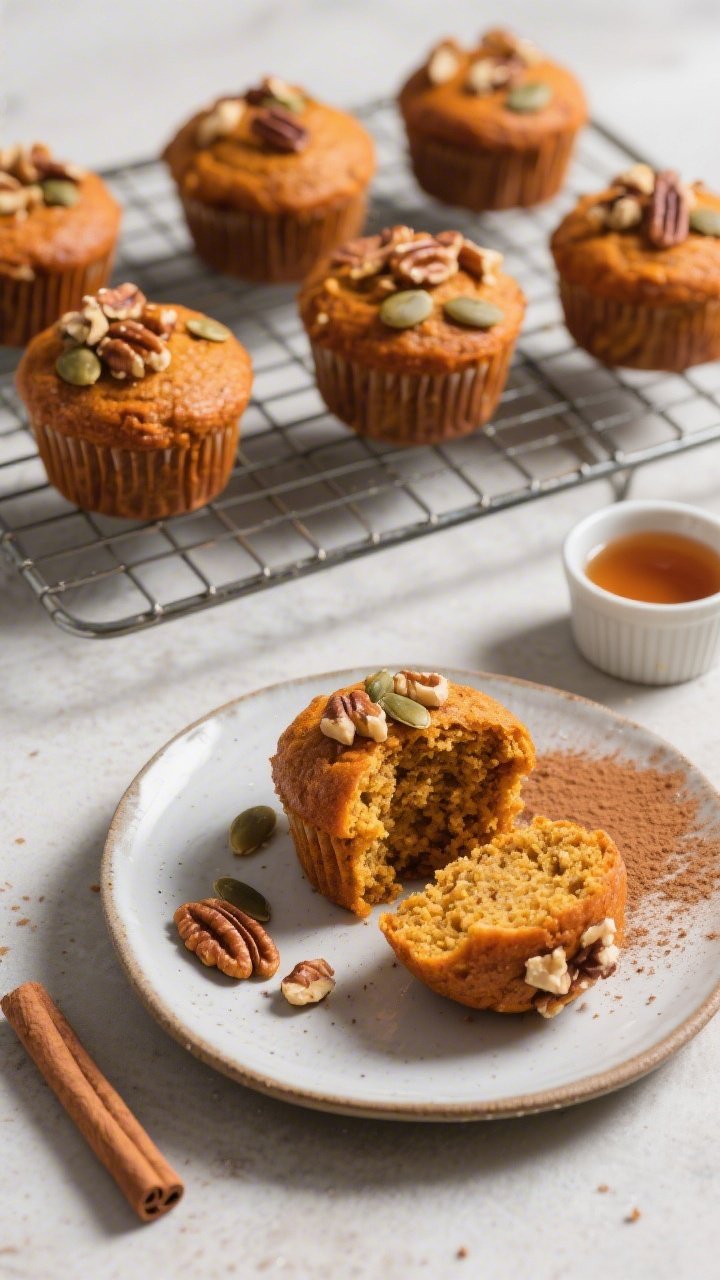 Overhead final presentation of pumpkin muffins arranged on a wire cooling rack and a ceramic plate, 