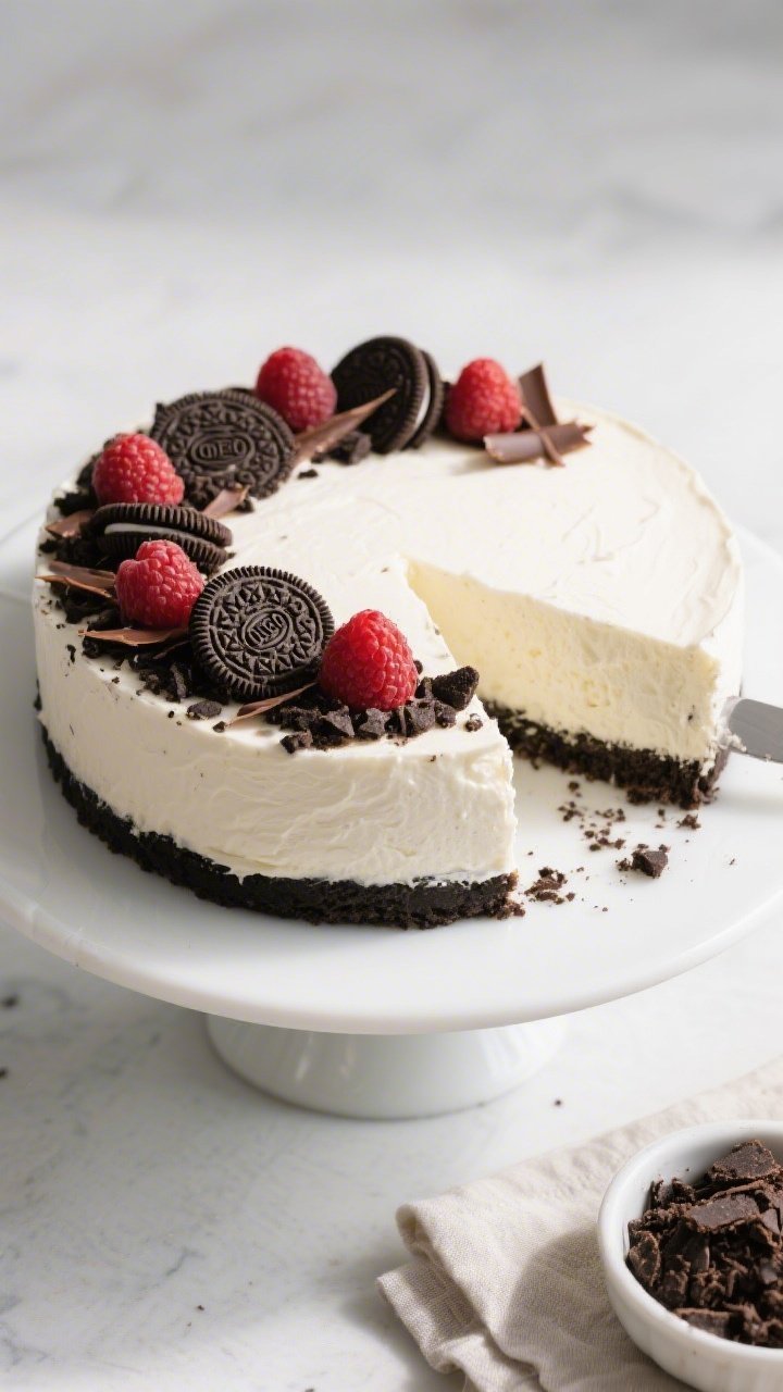 Overhead final presentation of the fully set no-bake Oreo cheesecake on a matte white cake stand; im