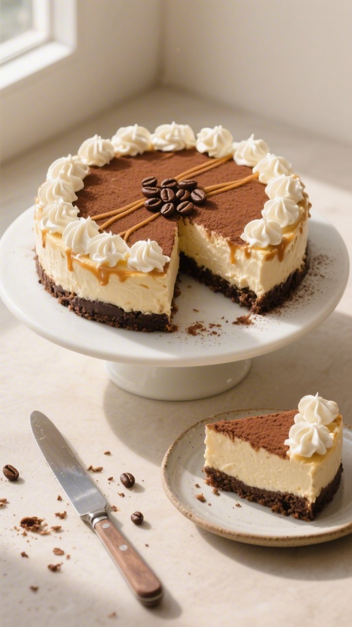 Overhead final presentation of the fully set no-bake coffee cheesecake on a matte white cake stand, 