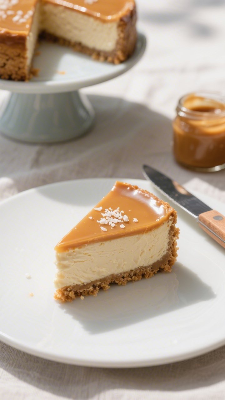 Overhead final presentation shot of a cleanly sliced wedge on a matte white dessert plate: pale-cara