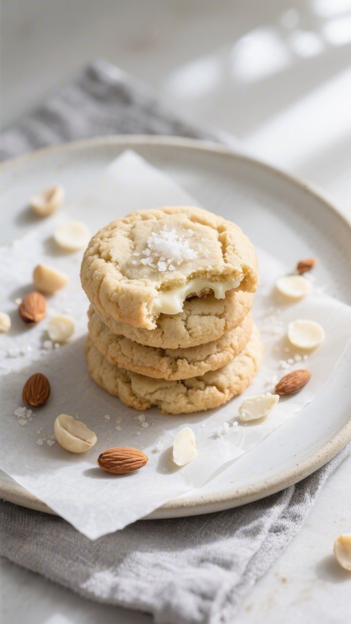 Overhead final presentation shot of a small stack of keto white chocolate macadamia cookies on a mat