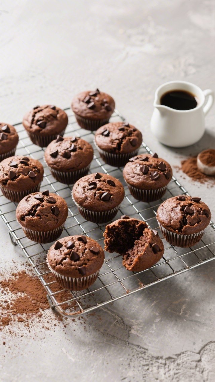 Overhead final presentation shot of a wire rack holding a dozen cooled double chocolate muffins, eve