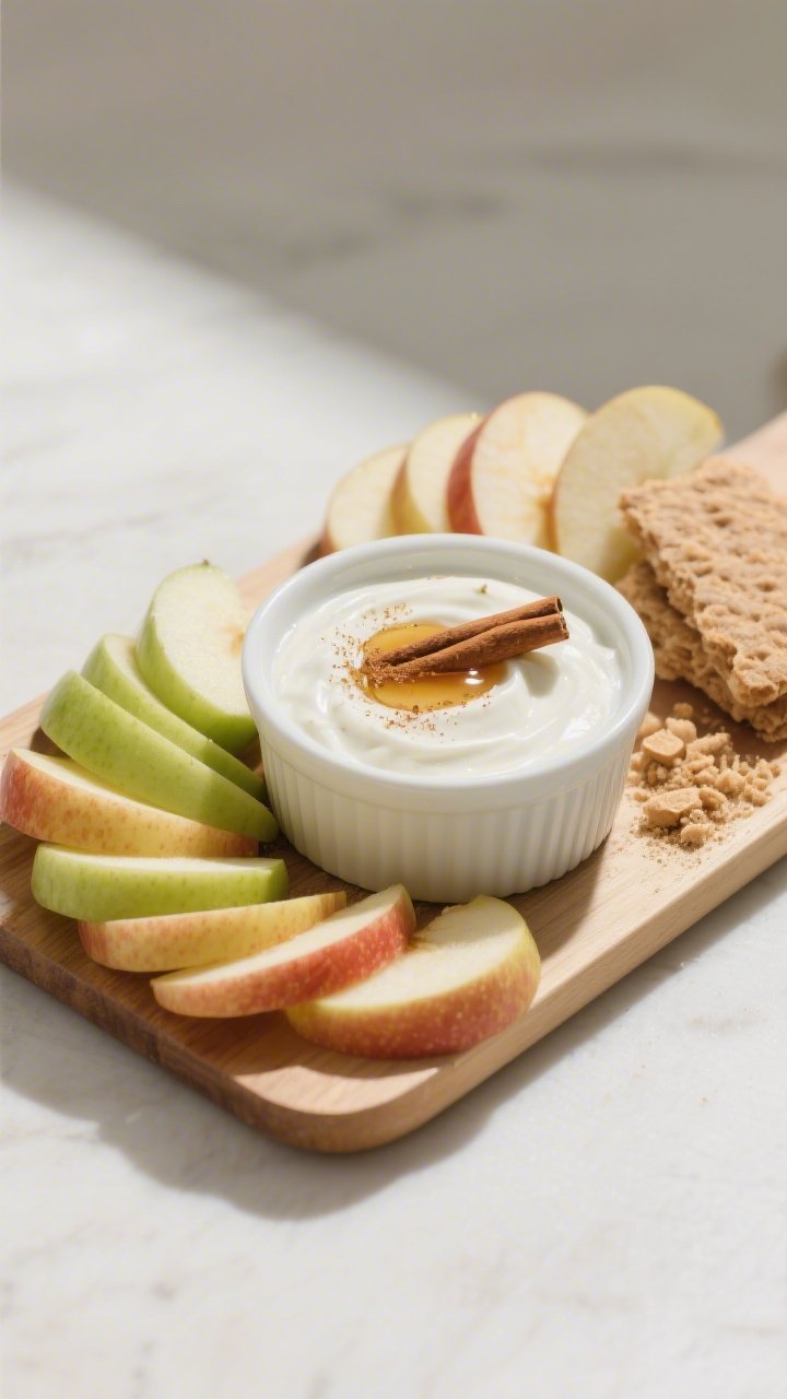 Overhead final presentation: Tasty of the 100-calorie apple yogurt dip arranged on a small snack boa