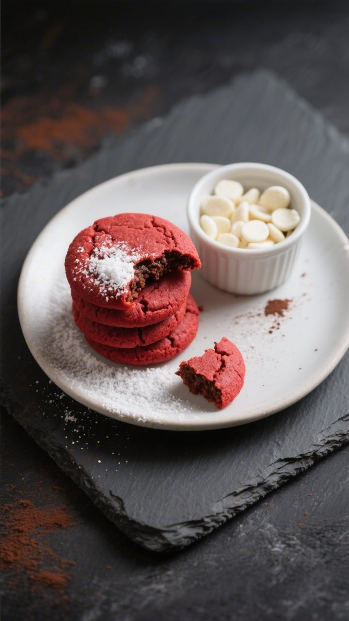 Overhead final presentation: Top-down shot of a small plate of keto red velvet cookies arranged in a
