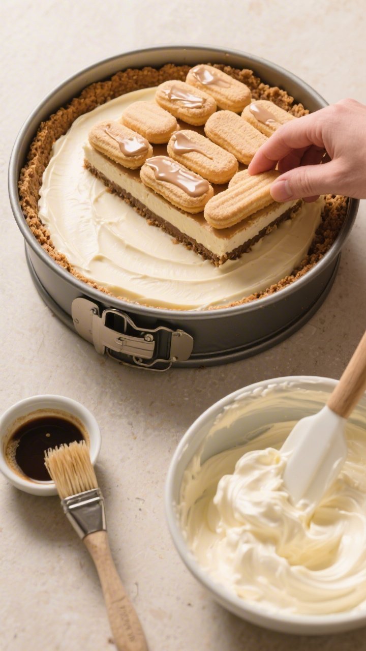 Overhead process shot: Assembly moment showing a 9-inch springform pan lined with set graham crust, 