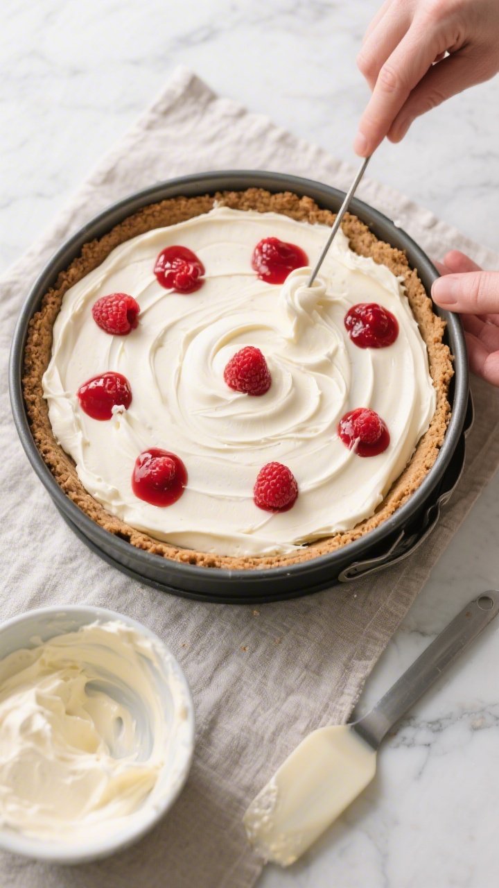 Overhead process shot of assembly: springform pan with compacted, chilled cookie crust half-filled w