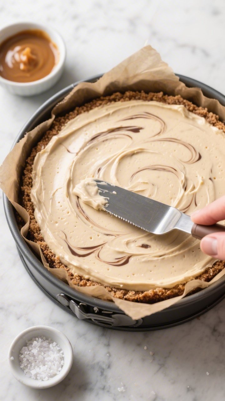 Overhead process shot of the cheesecake in the springform pan right before the final chill: coffee-c