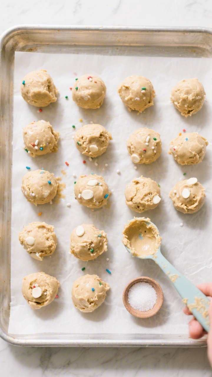Overhead process shot showing portioning and rolling: a parchment-lined tray with 16 evenly scooped
