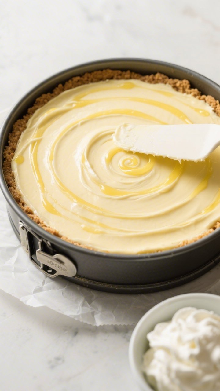 Overhead process shot: The prepared cheesecake in a 9-inch springform pan right after smoothing and
