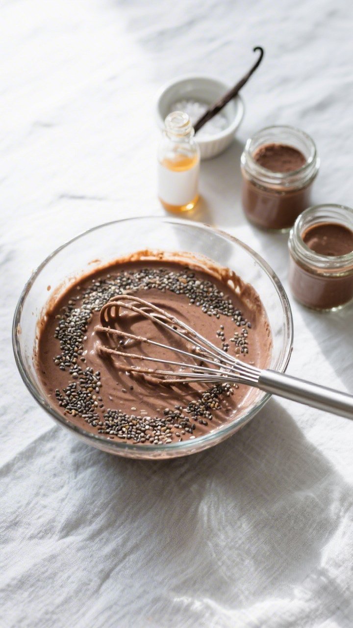 Overhead process shot: Whisked chia-cocoa mixture in a clear glass bowl right after the 5-minute res