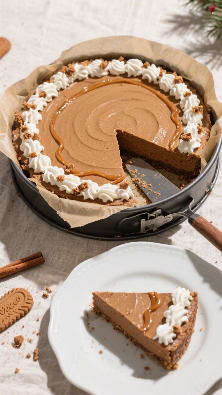 Overhead “process-to-plated” scene: of the whole no bake gingerbread cheesecake in a 9-inch spri