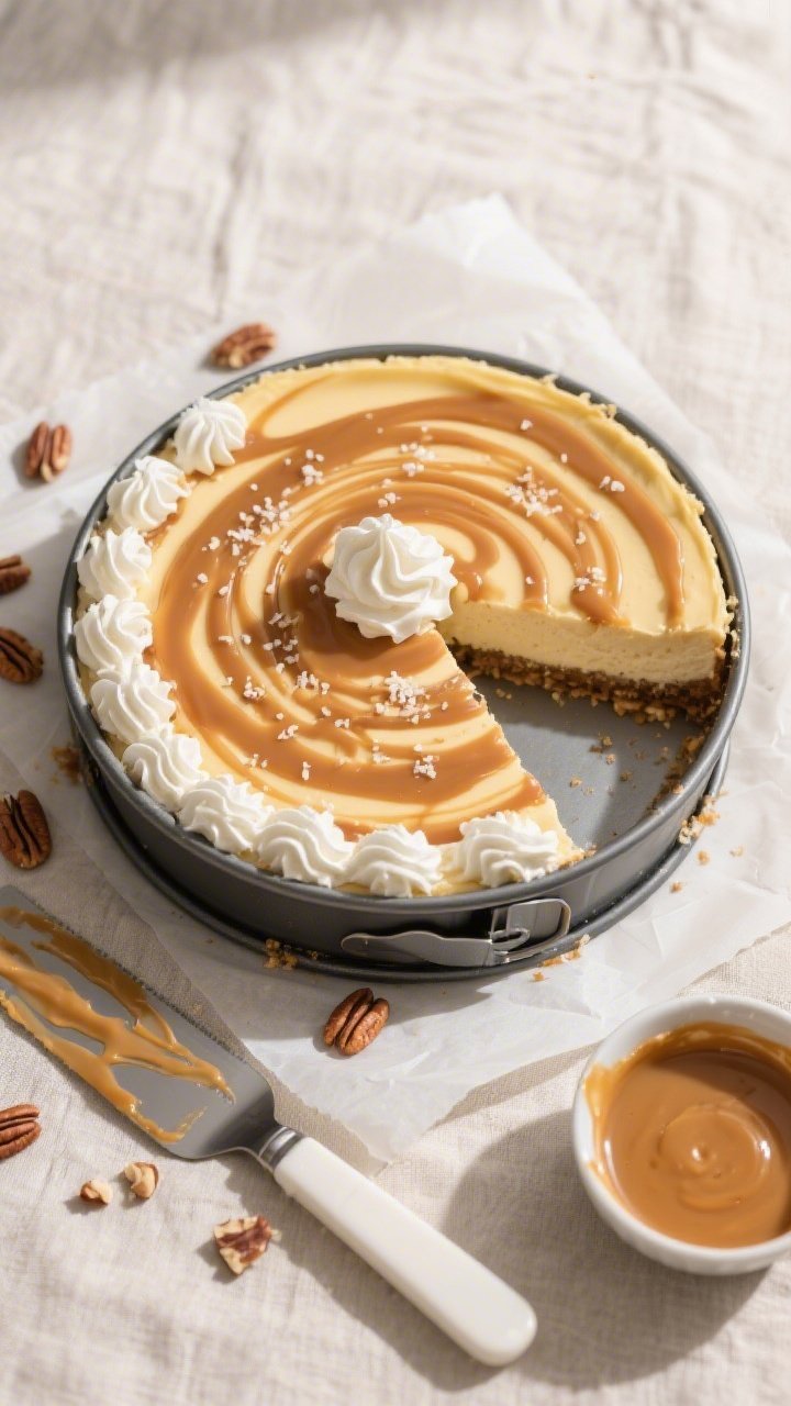 Overhead process-to-presentation shot: of the whole cheesecake in a 9-inch springform base on parchm