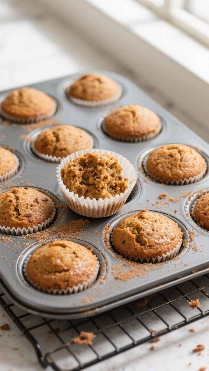 Overhead shot of a 12-cup muffin tin just out of the oven, filled with golden-brown healthy cinnamon