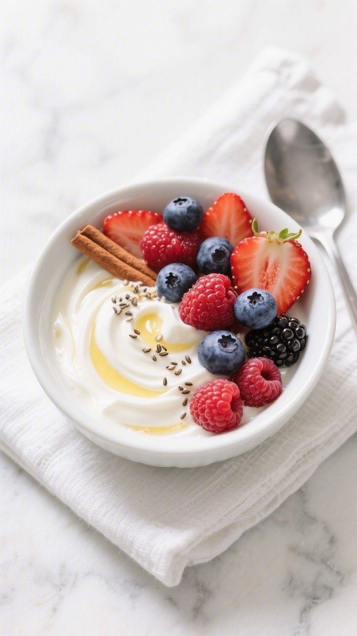 Overhead shot of a freshly assembled 100-calorie berry bowl: a small white ceramic bowl with a swirl
