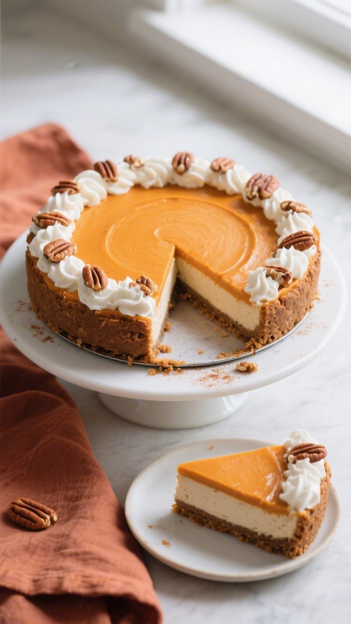 Overhead shot of a freshly unmolded no bake pumpkin cheesecake on a 9-inch springform base, clean sl