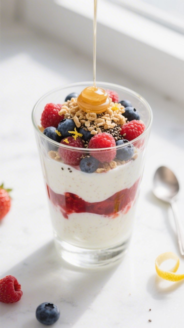 Overhead shot of a fully assembled 100-calorie mixed berry parfait in a narrow, clear rocks glass, s