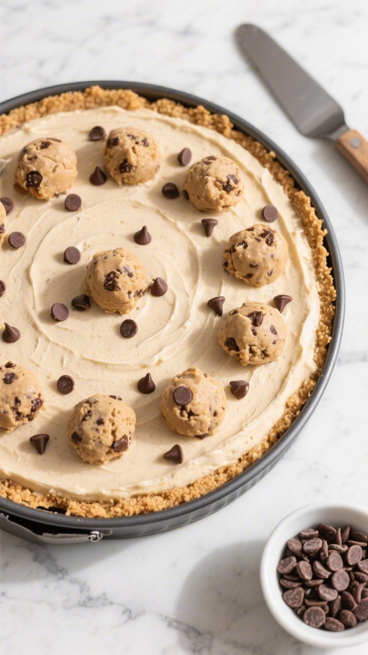 Overhead shot of a fully assembled No Bake Cookie Dough Cheesecake in a 9-inch springform pan just a
